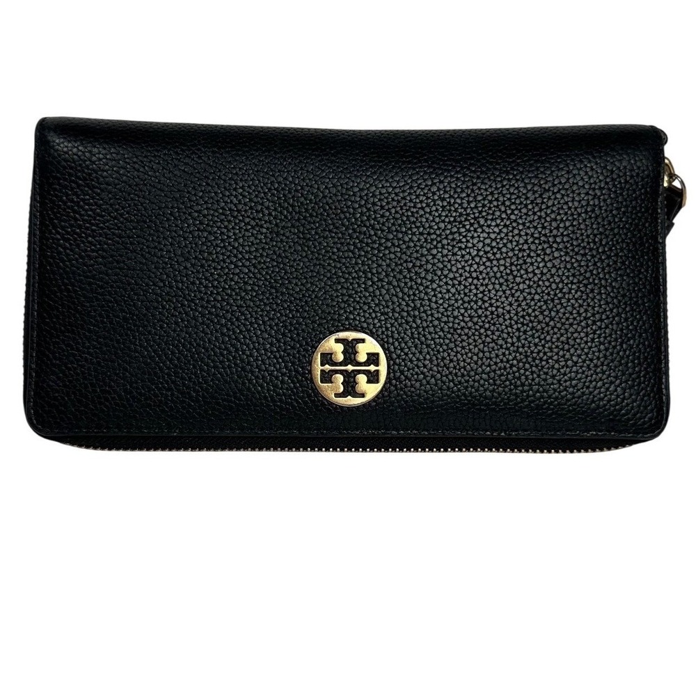 Tory Burch Carson Wallet Black Pebbled Leather Zip Around Continental Gold Logo